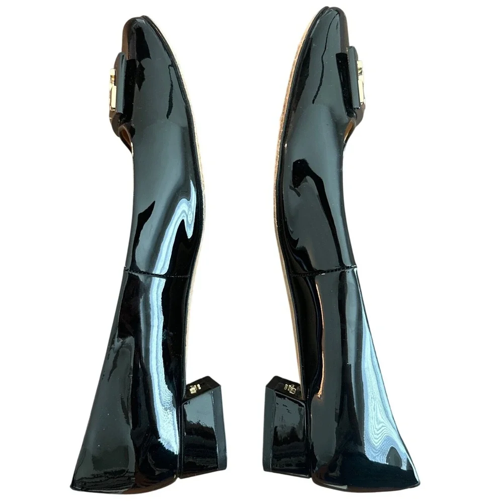 Tory Burch Gigi Black Patent Leather Block Heel Pumps Gold Logo Size 8.5